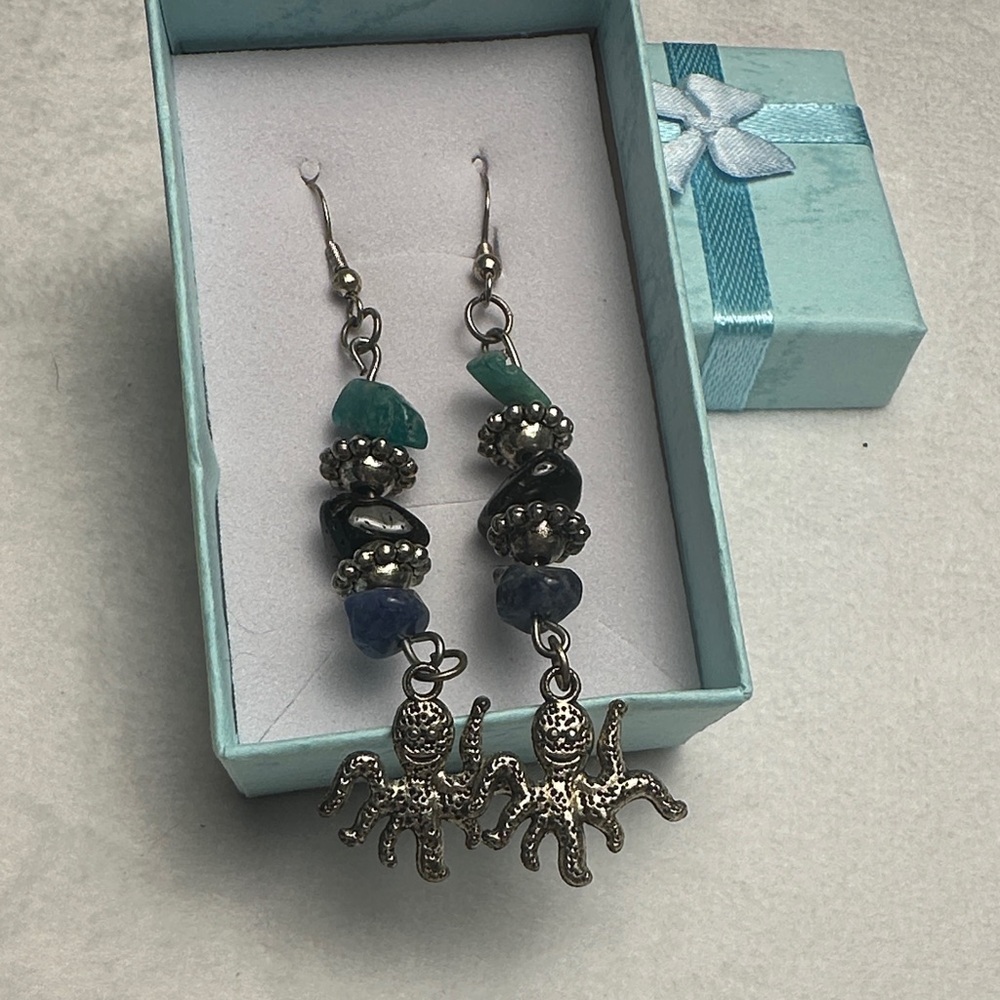 Handmade by Me - Green/Blk/Blue/Silver Octopus Earrings